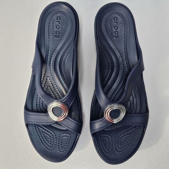Crocs Sandals Women 9 Sanrah Beveled Circle Wedge Blue Comfort Summer Slides - Picture 5 of 12